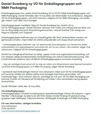 NY VD för Emballagegruppen och NMH Packaging