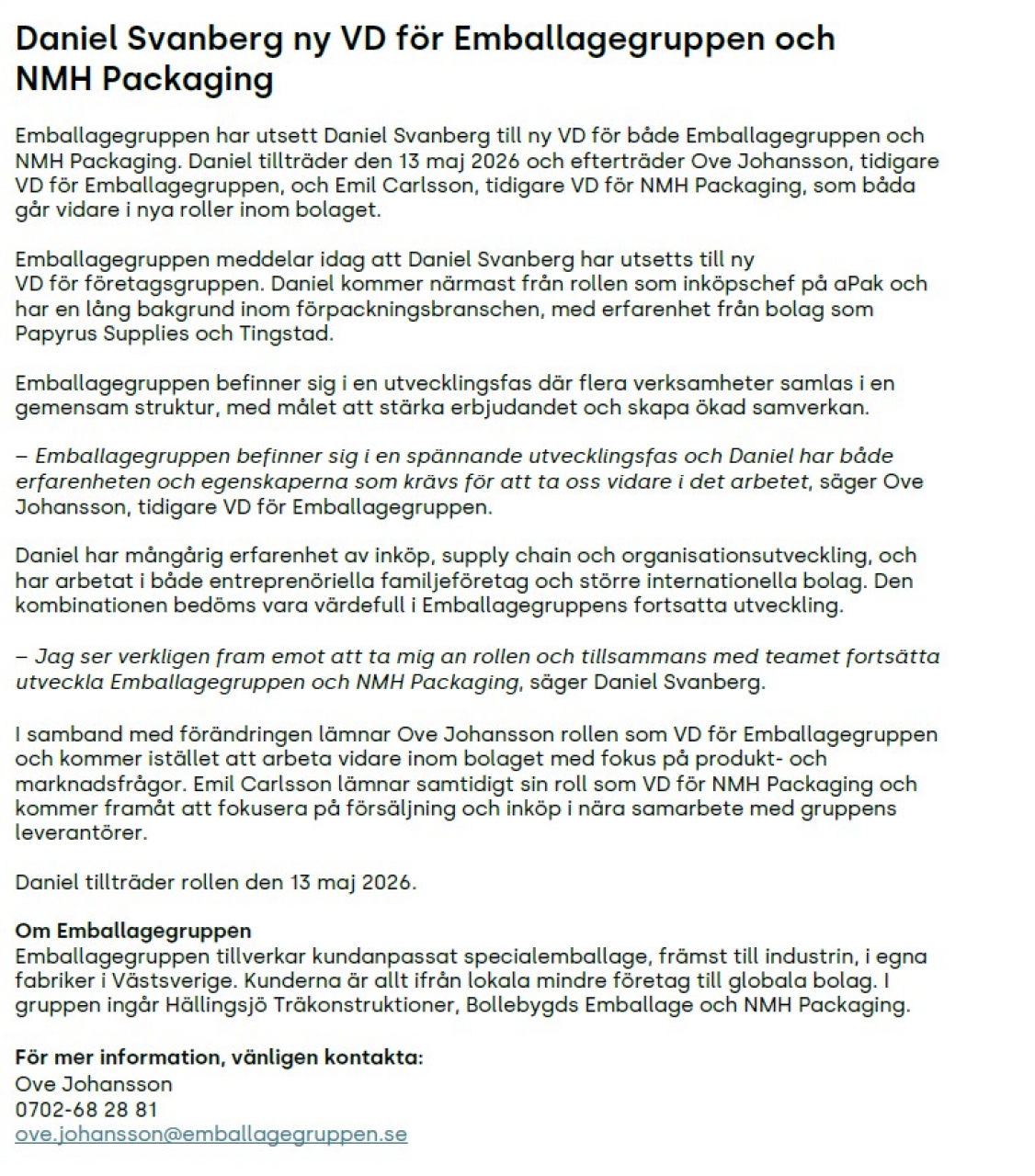 NY VD för Emballagegruppen och NMH Packaging